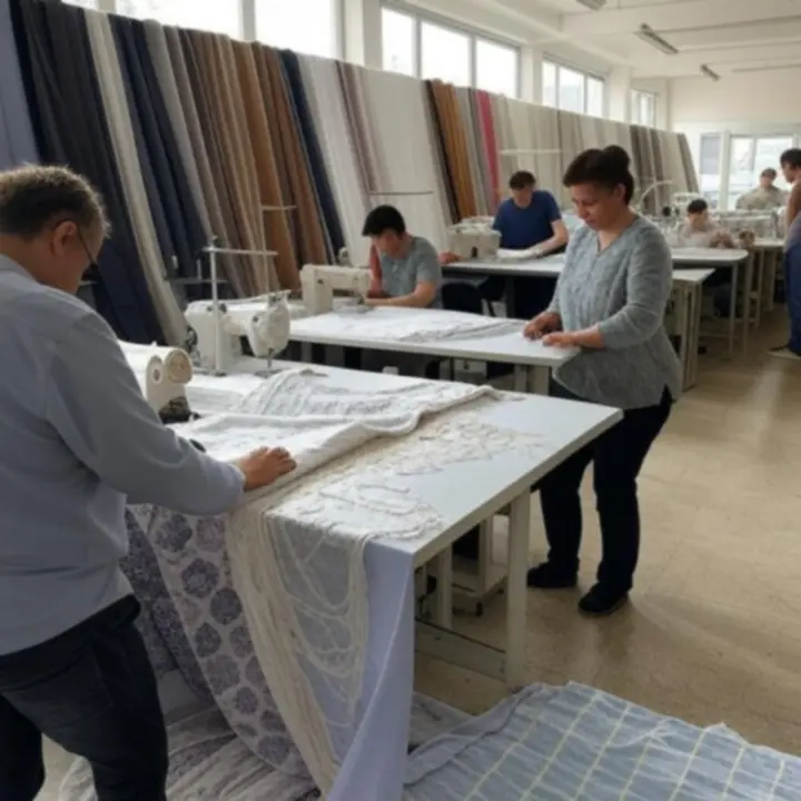 Pracownia Dravoniixa – stanowiska krawieckie, próbki tkanin i rozwieszone zasłony w nowoczesnej, jasnej przestrzeni.