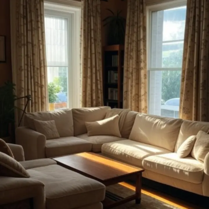 Stylowe wnętrze klienta z zasłonami Dravoniixa przy dużym oknie.