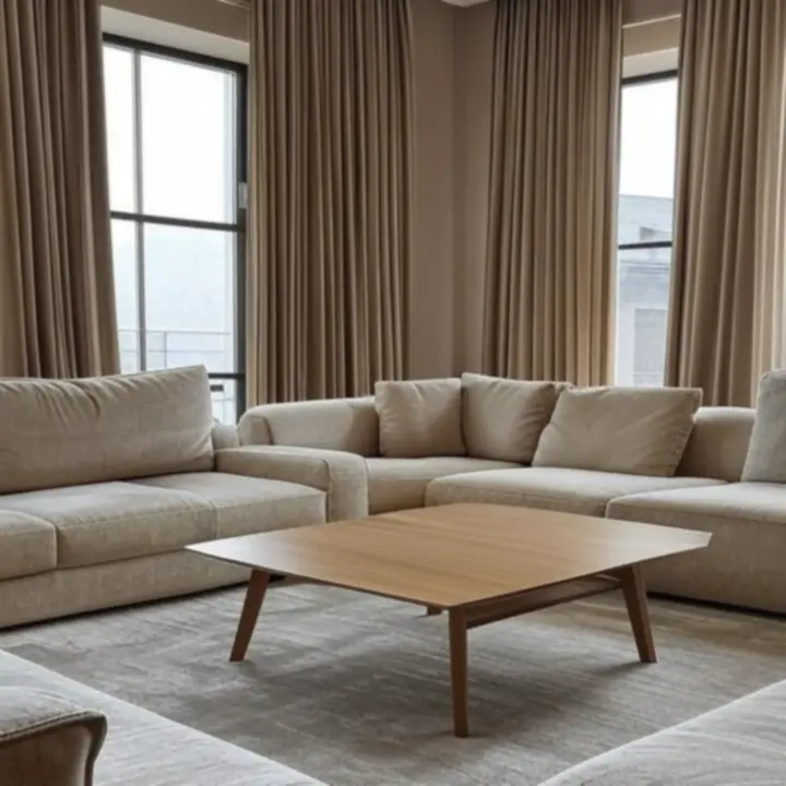 Elegancki salon z zasłonami Dravoniixa w spokojnej, nowoczesnej aranżacji.