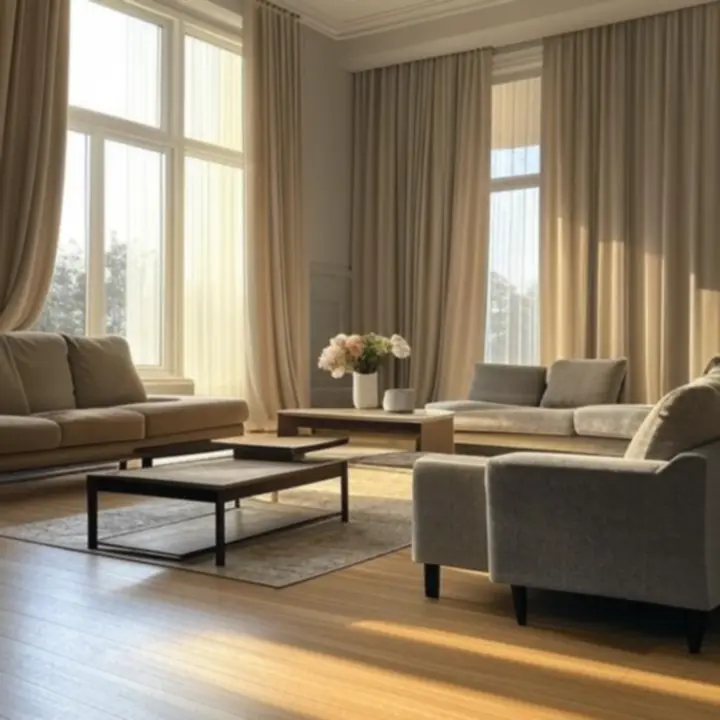 Nowoczesny, jasny salon z eleganckimi zasłonami Dravoniixa