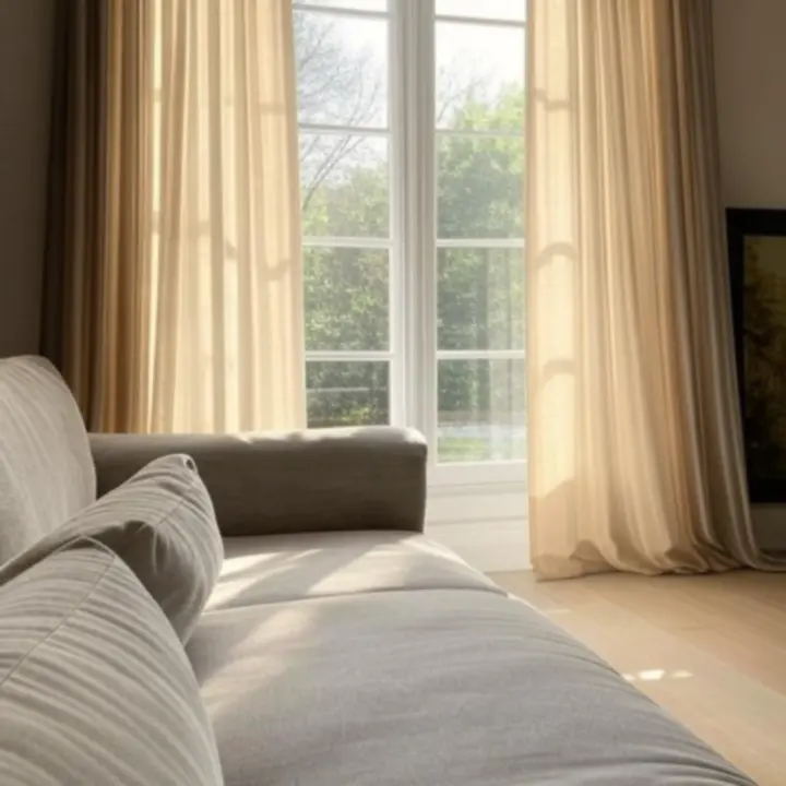 Stylowo zamontowane zasłony w eleganckim salonie, prezentujące efekt instalacji Dravoniixa.