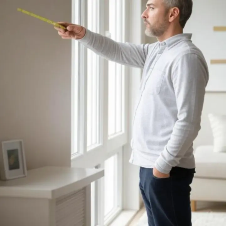 Nowoczesne wnętrze podczas dokładnego pomiaru okna przed montażem zasłon.