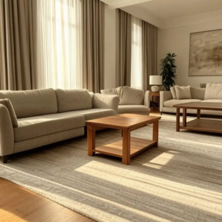 Nowoczesny salon z eleganckimi, długimi zasłonami Dravoniixa w stonowanej kolorystyce.