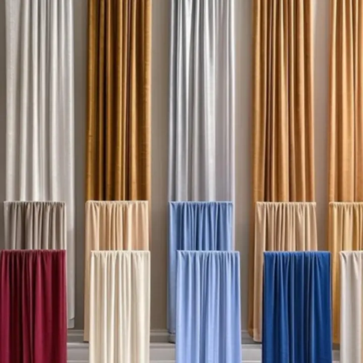 Próbki zasłon i firan Dravoniixa prezentujące różne tkaniny i kolory.