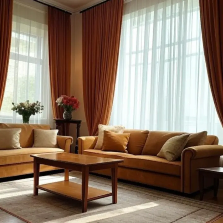 Stylowy salon z eleganckimi zasłonami i firanami Dravoniixa